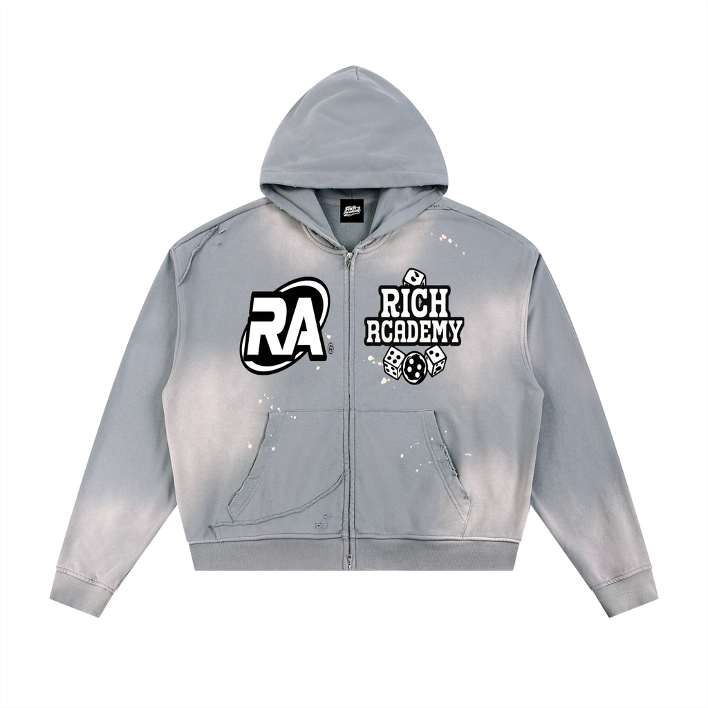 Rich Academy Sun Fade Frayed Raw Edge Fleece Zip Hoodie